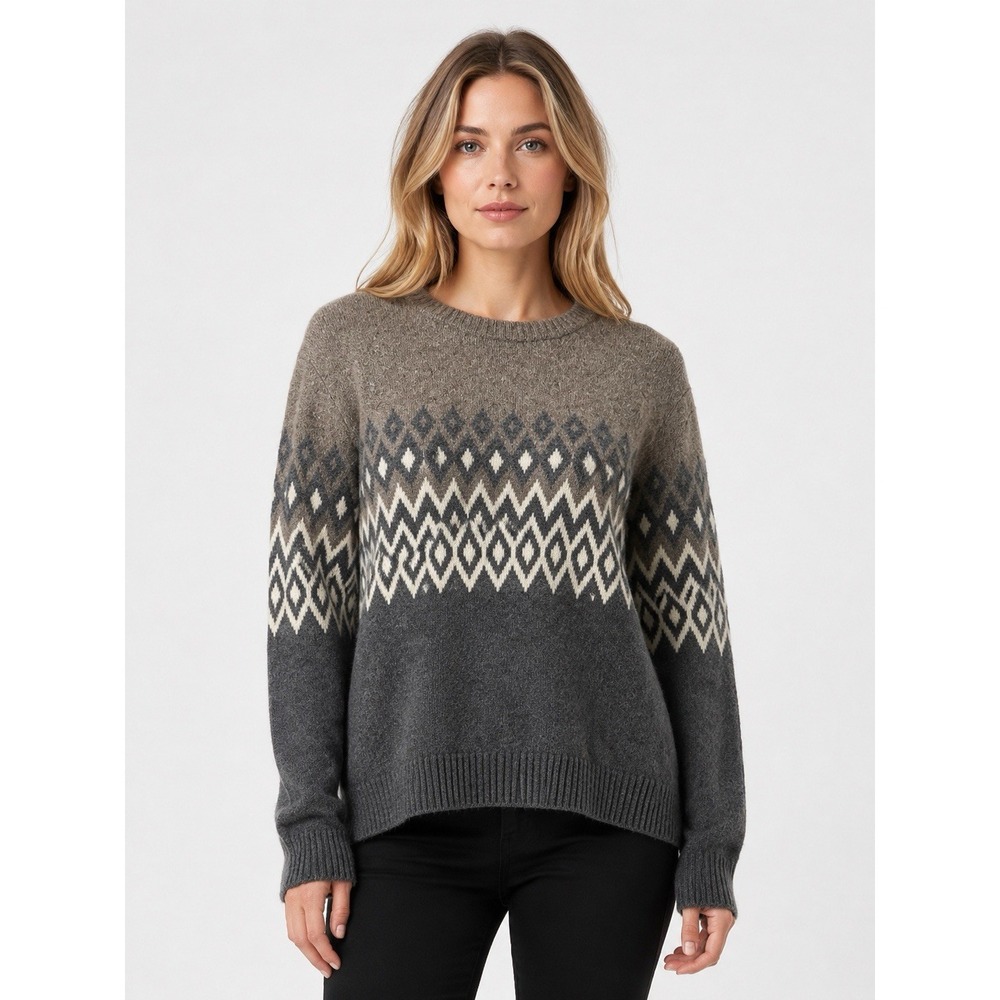 Banana Republic Women's L Merino Wool Fair Isle Sweater Italian Yarn Gray Nordic